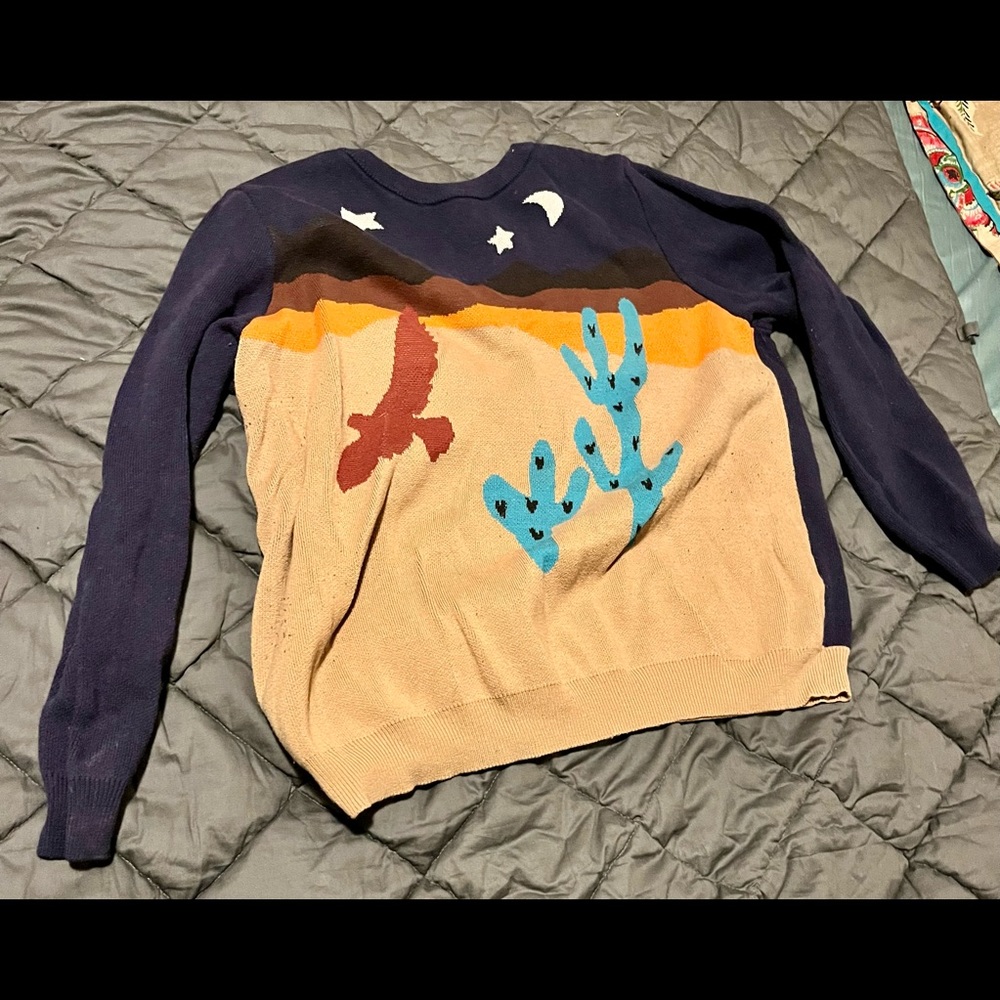 Forever 21 Navy, Tan & Turquoise Desert Scenic Crewneck Sweater